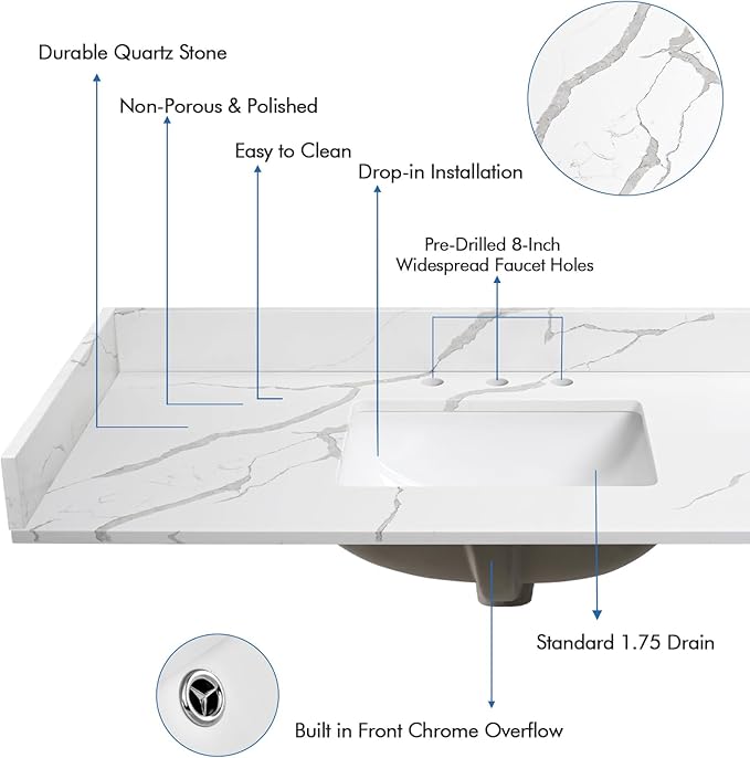 42 in.W x 22 in.D Quartz Calacatta River Vanity Top,with Undermount Middle Sink Vanity Top,with Two Sidesplash & One Backsplash,8 Inch Faucet Hole Spread Bathroom Vanity Sink Countertop