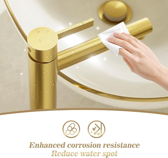 Phiestina Brushed Gold One Hole High Bathroom Vessel Sink Faucet, Single Hole Single Handle Tall Bathroom Faucet, with Pop Up Drain and Water Supply Line,FH01-BG-V
