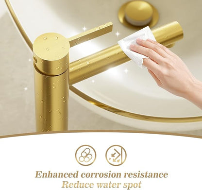 Phiestina Brushed Gold One Hole High Bathroom Vessel Sink Faucet, Single Hole Single Handle Tall Bathroom Faucet, with Pop Up Drain and Water Supply Line,FH01-BG-V