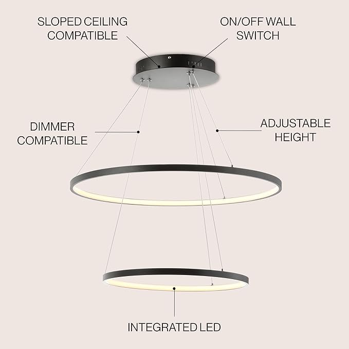 JONATHAN Y 24" Matte Black Modern Integrated LED Pendant Light, Dimmable Round Hoop Chandelier for Kitchen Island, Dining Room, Adjustable Height Metal Hanging Light (JYL7204A)