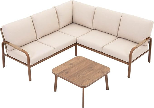 4-Piece Aluminum Outdoor Furniture Set with Coffee Table – 2-Seat Sofa with Cushions, All-Weather Metal Frame, Perfect for Patio, Garden, and Balcony,Beige (Beige, Corner Sofa Set)