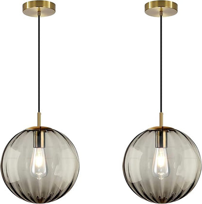 Modern Smoke Grey Glass Pendant Light, Kitchen Island Lighting 2-Pack Globe Pendant Light Fixtures Century Kitchen Island Pendant Lighting for Bedroom Living Dining Room Light Fixture (Without Bulb)