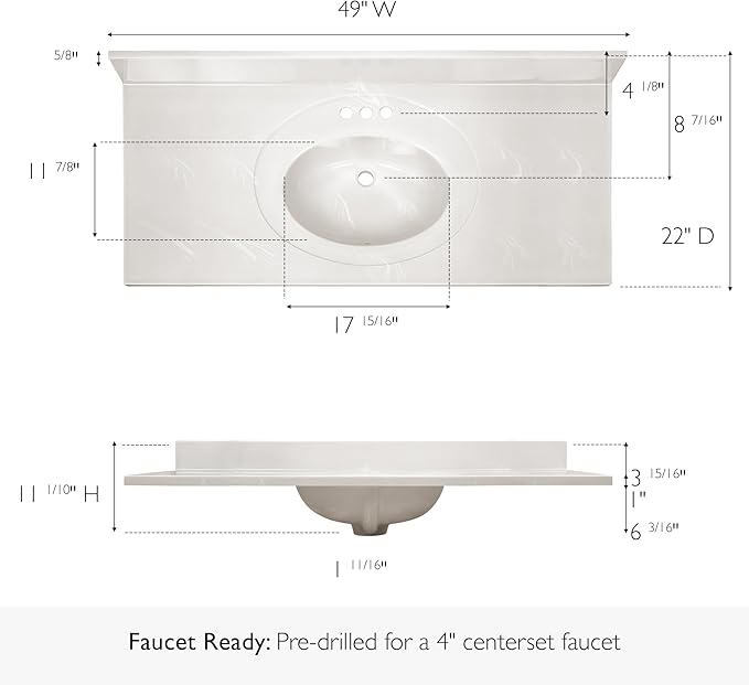 Design House Cultured Marble Vanity Top, 49 in W x 22 in D, Integrated 4 in Centerset Oval Sink & Backsplash, Ivory Swirl, 586347