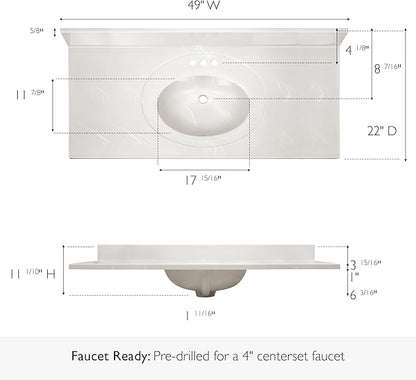 Design House Cultured Marble Vanity Top, 49 in W x 22 in D, Integrated 4 in Centerset Oval Sink & Backsplash, Ivory Swirl, 586347