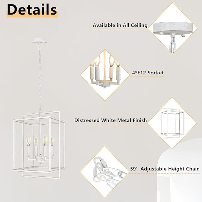 4-Light Farmhouse Chandelier, Rustic Lantern Foyer Lighting Fixtures, Adjustable Metal Antique White Hanging Pendant Light for Dining Room Entryway Kitchen Island Staircase