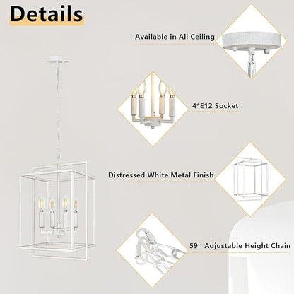 4-Light Farmhouse Chandelier, Rustic Lantern Foyer Lighting Fixtures, Adjustable Metal Antique White Hanging Pendant Light for Dining Room Entryway Kitchen Island Staircase