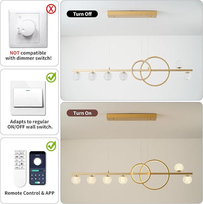 ORANOOR Modern Gold Chandeliers for Dining Room, 47in Dimmable LED Chandelier Linear Gold Pendant Light for Kitchen Island, Upgraded 6 Globe Hanging Pendant Chandelier Lighting (2 Rings, 4200lm)