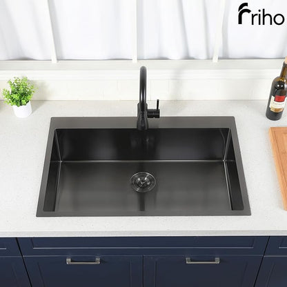 Friho 28x18 Inch Black Drop In Kitchen Sink, Stainless Steel Square RV Laundry Utility Sink, 28 Inch Topmount Deep Single Bowl Kitchen Sink With Basket Strainer