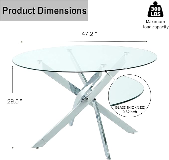 47-Inch Round Tempered Glass Dining Table for 4-6 Person Space-Saving Small Kitchen Table with Heavy-Duty Metal Legs Perfect for Dining Room, Apartment, Condo(Silver)