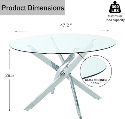 47-Inch Round Tempered Glass Dining Table for 4-6 Person Space-Saving Small Kitchen Table with Heavy-Duty Metal Legs Perfect for Dining Room, Apartment, Condo(Silver)