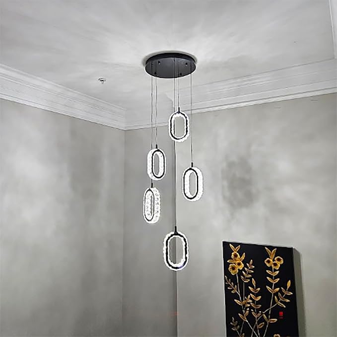 Crystal Rings Chandelier for Living Room, Dimmable Led Black Crystal Ring Chandelier High Ceiling 5-Light Oval Ring Pendant Light for Dining,Hallway, Entryway,Bedroom