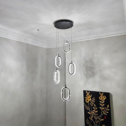 Crystal Rings Chandelier for Living Room, Dimmable Led Black Crystal Ring Chandelier High Ceiling 5-Light Oval Ring Pendant Light for Dining,Hallway, Entryway,Bedroom