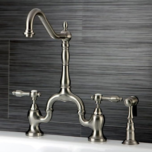 Kingston Brass KS7757TALBS Tudor Bridge Kitchen Faucet with Brass Sprayer, Brushed Brass