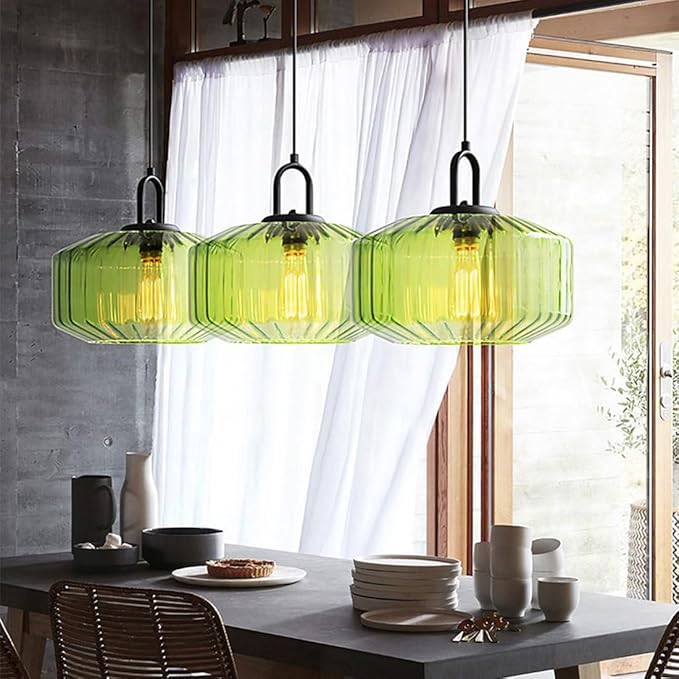 Green Glass Pendant Light Fixture Modern Hand Blown Pendant Lights with Large Glass Shade, Mid Century Pendant Light Green Globe Hanging Lighting for Dining Bedroom Table Kitchen Island