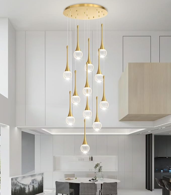 12 Light High Ceiling Crystal Chandelier Dimmable LED Pendant Lights with Remote Adjustable Chandeliers for Foyer Staircase Living Room Gold