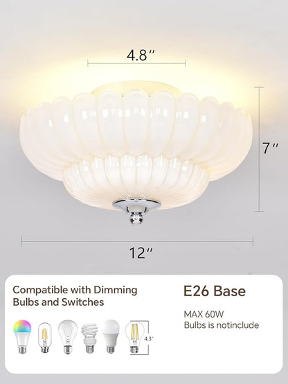 Semi Flush Mount Ceiling Light, Pearl white Glass Ceiling Light Fixture, 3-Bulb Modern Close to Ceiling Light, Vintage Glass Ceiling Lights for Bedroom Kitchen Living Room, Bulb Not Included
