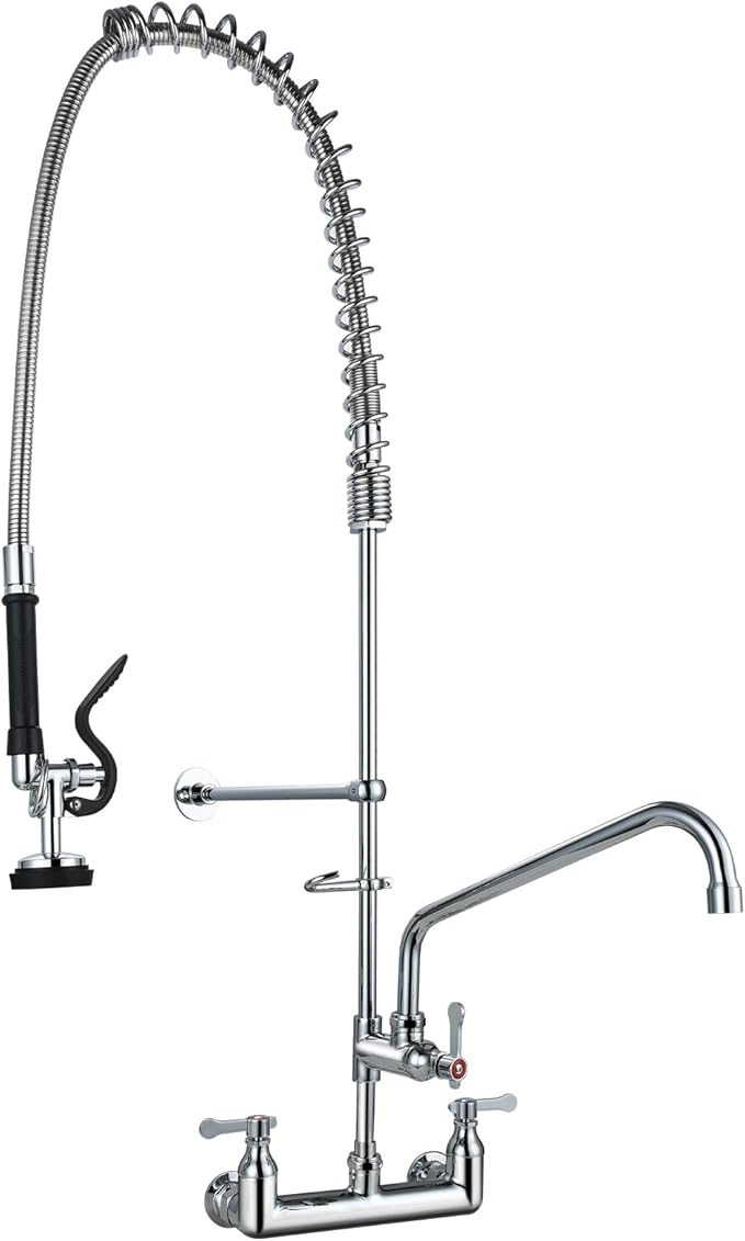 Commercial Kitchen Faucet with Pre-Rinse Sprayer 43" Height 8" Center Brass Constructed Wall Mount Kitchen Sink Faucet with Coiled Spring Pull Down Spray and 12" Add-on Swing Spout
