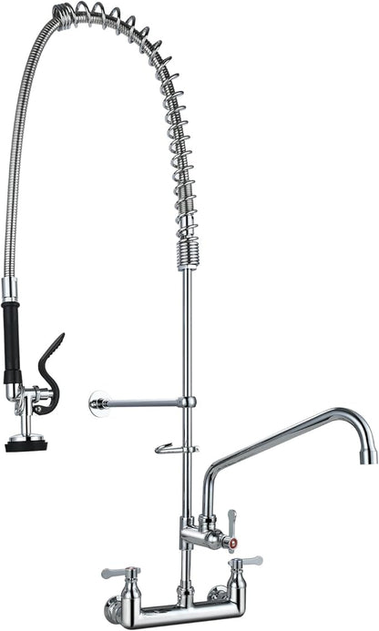 Commercial Kitchen Faucet with Pre-Rinse Sprayer 43" Height 8" Center Brass Constructed Wall Mount Kitchen Sink Faucet with Coiled Spring Pull Down Spray and 12" Add-on Swing Spout