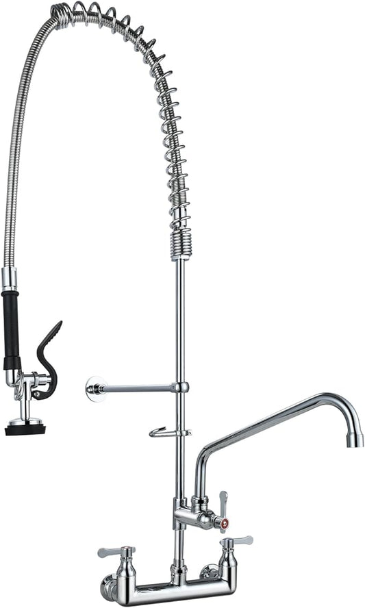 Commercial Kitchen Faucet with Pre-Rinse Sprayer 43" Height 8" Center Brass Constructed Wall Mount Kitchen Sink Faucet with Coiled Spring Pull Down Spray and 12" Add-on Swing Spout