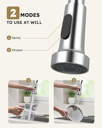 Arofa Kitchen Faucet with Pull Down Sprayer, Chrome Polished Kitchen Sink Faucet 1-3 Hole Single Handle High Arc Stainless Steel Commercial Modern Kitchen Faucets for RV/Laundry/Outdoor/Bathroom Sink