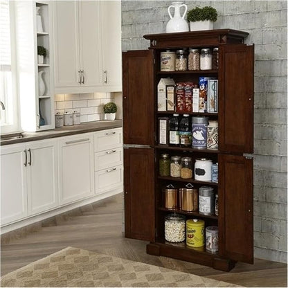 Bowery Hill Traditional Wood Kitchen Pantry, 72"H x 29.75"W x 16"D, Brown Cherry Finish, 4 Shelves, Distressed Oak Veneer, Carved Door Panels, Antique Nickel Hardware, Versatile Storage Cabinet for