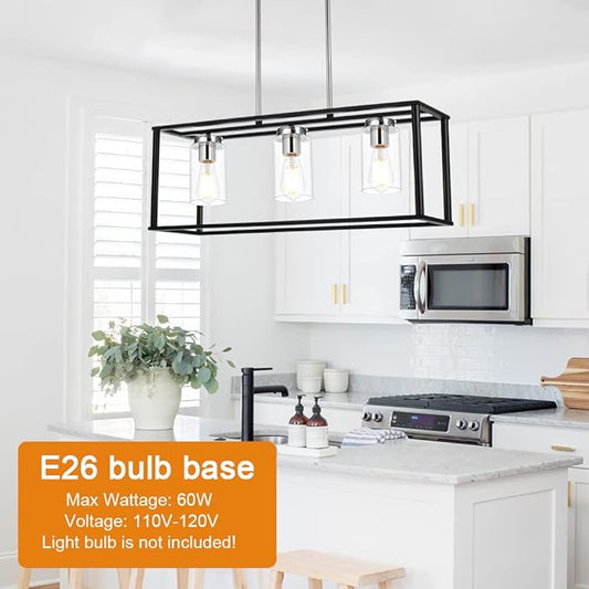 VINLUZ 3 Light Black and Chrome Finish Kitchen Island Light,Adjustable Hanging Pendant Lighting with Clear Glass Shades Rectangular Dining Room Chandeliers Adjustable Height