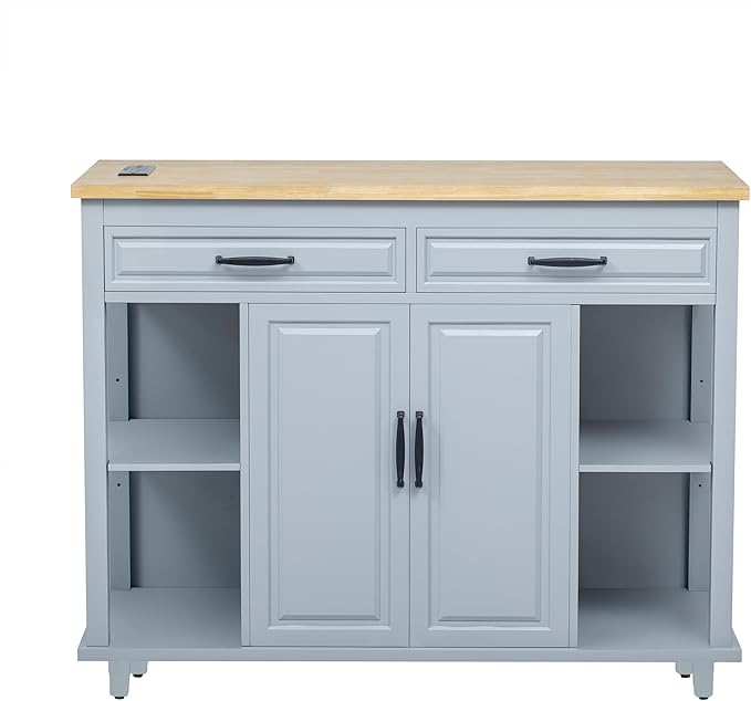 Modern Dining Table Extendable Kitchen Island with Rack Power Outlet Adjustable Sturdy Stable Easy Clean Counter Console Luxury Rubber Wood Veneer,Blue-MDF