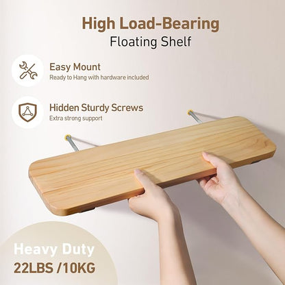Wooden Floating Shelves for Wall, 22.6" W x 6" D x 0.8" H Large Wall Shelves, Hanging Storage Shelf with Hooks for Living Room, Kitchen, Bathroom, Bedroom Decor, Natural, 2 Packs