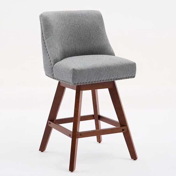 Comfortable Upholstered Swivel Bar Stool with Wooden Legs and Soft Fabric Seat for Kitchen Island or Home Bar Use (Gray + Wood+Fabric + Foam)