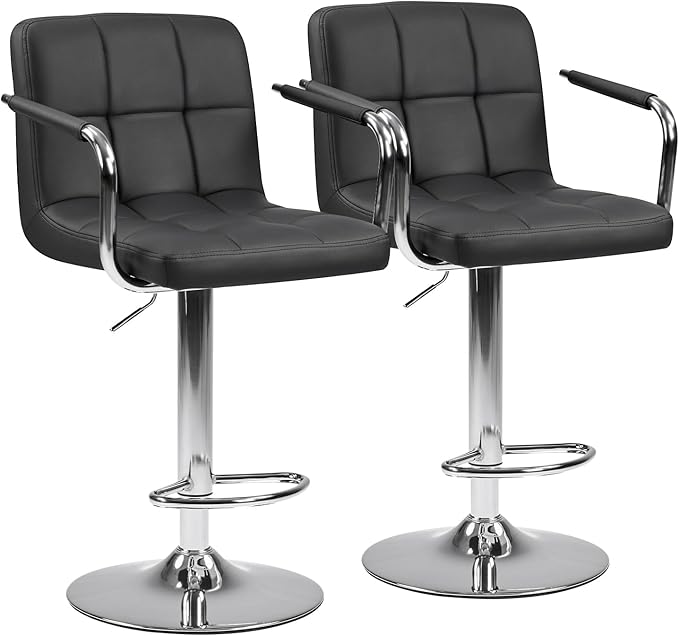 DUMOS Bar Stools Set of 2, Adjustable Swivel Bar Chairs with Padded Armrests and Ergonomic Backrest for Kitchen Island Counter Pub Dining Room, Water-Resistant PU Leather, Black