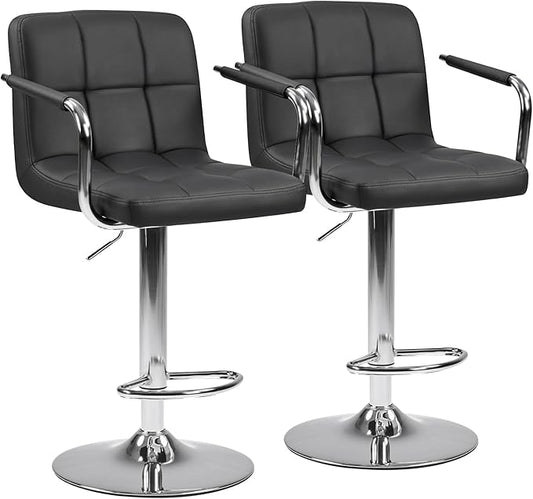 DUMOS Bar Stools Set of 2, Adjustable Swivel Bar Chairs with Padded Armrests and Ergonomic Backrest for Kitchen Island Counter Pub Dining Room, Water-Resistant PU Leather, Black