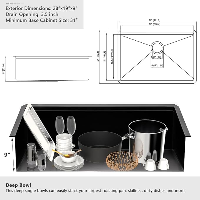 28 Inch Black Undermount Kitchen Sink Workstation-VASOYO 28x19 Black Stainless Steel Kitchen Sink Undermount Workstation Sinks 16 Gauge 304 Stainless Single Bowl Deep Sinks with Cutting Board