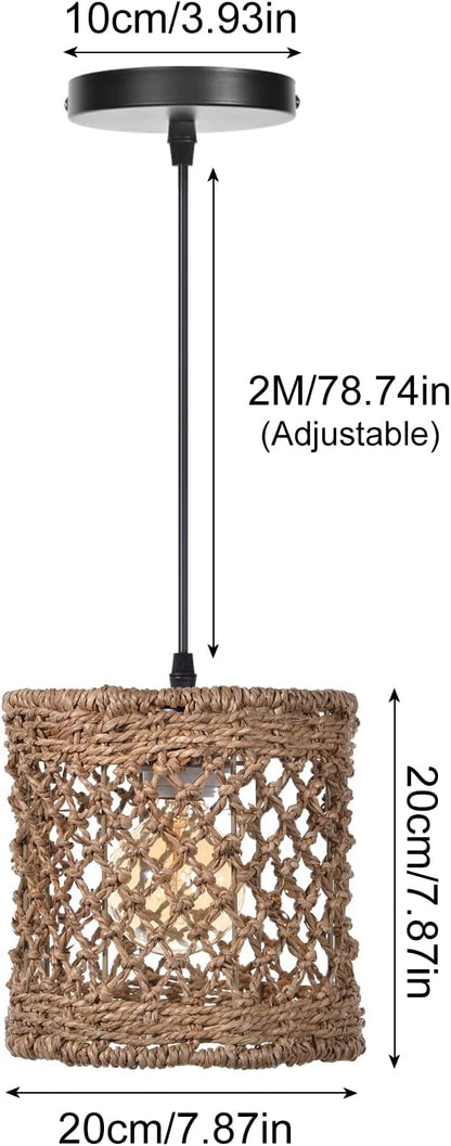 Arturesthome Boho Hand Woven Rattan Pendant Light Fixture, Mini Farmhouse Natural Chandelier Lighting, Retro Wicker Hanging Lamp for Kitchen Island D 7.8″*7.8″