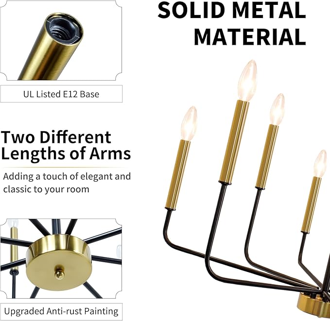 Black and Gold Chandelier: 8-Light 29.5 Inch Candle Style Chandeliers with Candelabra Arms - Modern Farmhouse Dining Room Light Fixture for Foyer Kitchen Island - E12 Base