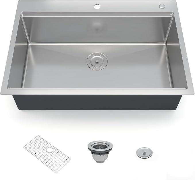 Stainless Steel Kitchen Sink 30 × 22 × 10 inch – Workstation Topmount Single Bowl Sink with Ledge, Brushed Finish, Includes Bottom Grid & Drain, 2.0mm Rim, 1.0mm Bowl