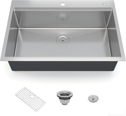 Stainless Steel Kitchen Sink 30 × 22 × 10 inch – Workstation Topmount Single Bowl Sink with Ledge, Brushed Finish, Includes Bottom Grid & Drain, 2.0mm Rim, 1.0mm Bowl
