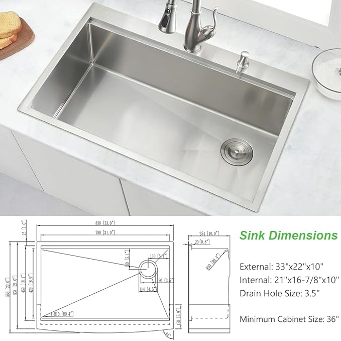 33x22 Drop In Kitchen Sink, 33 Inch Workstation Stainless Steel Sink Drop In Handmade Single Bowl Deep Kitchen Sink with Cutting Board