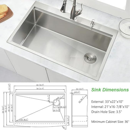 33x22 Drop In Kitchen Sink, 33 Inch Workstation Stainless Steel Sink Drop In Handmade Single Bowl Deep Kitchen Sink with Cutting Board