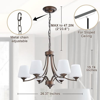 6-Light Farmhouse Chandelier Oil Rubbed Bronze Pendant Light Fixture with Frosted Glass, Rustic Ceiling Lighting Modern Hanging Lamp for Dining Room Living Room Bedroom, 47.2" Height Adjustable