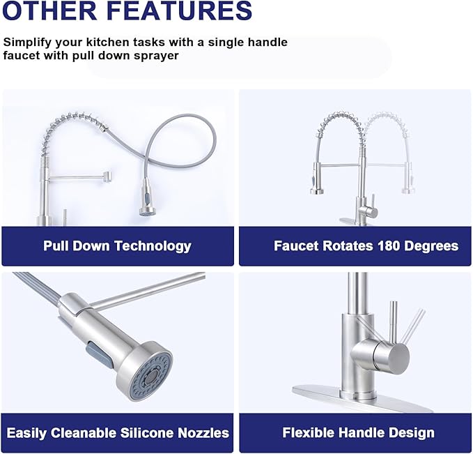 VAPSINT Kitchen Faucet with Pull Down Sprayer, Brushed Nickel Stainless Steel Single Handle Spring Sink Faucet 1 or 3 Hole,Dual Function Kitchen Faucets for Farmhouse Laundry RV Wet Bar, VAP-BY007