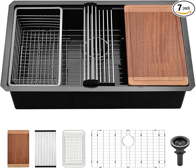 30 Black Kitchen Sink Undermount Workstation-VASOYO 30x19 Undermount Kitchen Sink Black Stainless Sinks Workstation 16 Gauge Stainless Steel Single Bowl Deep Sinks Bowl with Cutting Board