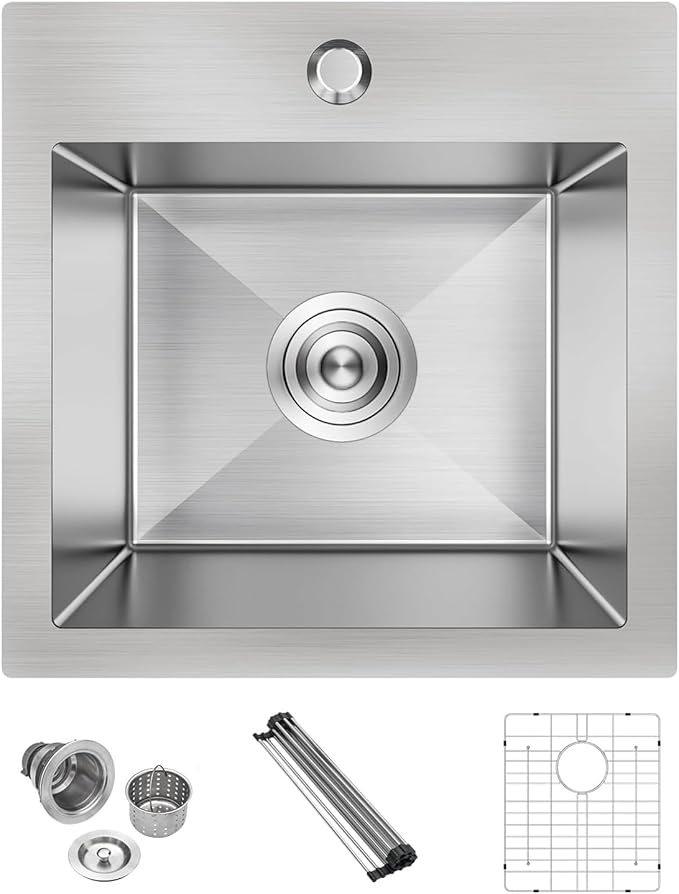 Lordear Stainless Steel Bar Sink 15x15 Inch Drop In Kitchen Sink 16 Gauge Stainless Steel Single Bowl Topmount Small Prep RV Sinks Square Basin