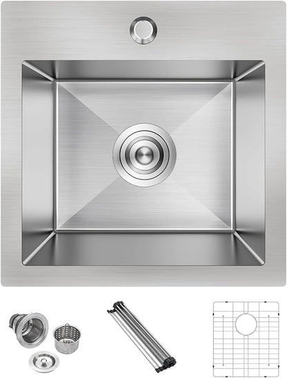 Lordear Stainless Steel Bar Sink 15x15 Inch Drop In Kitchen Sink 16 Gauge Stainless Steel Single Bowl Topmount Small Prep RV Sinks Square Basin