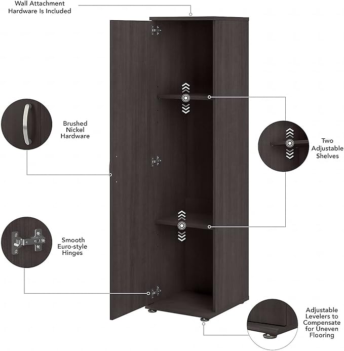 Bush Business Furniture Universal Tall Narrow Storage Cabinet with Door and Shelves in Storm Gray