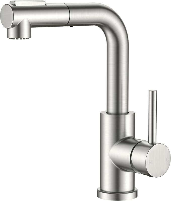 FORIOUS Modern Bar Sink Faucet Brushed Nickel, Stainless Steel Single Handle Small Kitchen Sink Faucet with Pull Out Sprayer, 360° Swivel Spout L-Shaped Design Suitable for Camper Outdoor Bathroom RV