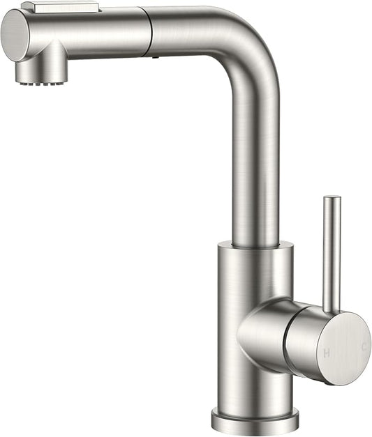 FORIOUS Modern Bar Sink Faucet Brushed Nickel, Stainless Steel Single Handle Small Kitchen Sink Faucet with Pull Out Sprayer, 360° Swivel Spout L-Shaped Design Suitable for Camper Outdoor Bathroom RV