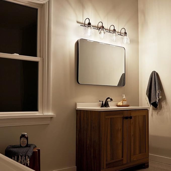 Kichler Avery 4-Light Bathroom Vanity Light Fixture with Clear Seeded Glass, Modern Farmhouse Industrial Style in Natural Brass, 300 Total Watts (33.5" x 9.5" x 8.25"), 45974NBR