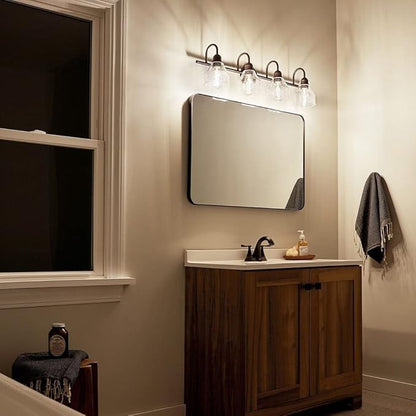 Kichler Avery 4-Light Bathroom Vanity Light Fixture with Clear Seeded Glass, Modern Farmhouse Industrial Style in Natural Brass, 300 Total Watts (33.5" x 9.5" x 8.25"), 45974NBR