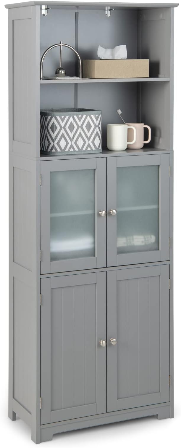 Tangkula Tall Bathroom Storage Cabinet, Freestanding Floor Cabinet w/2 Glass Doors & 2 Open Shelves, 3-Position Adjustable Shelves, Anti-toppling Design, 64” Tall Pantry Cupboard for Kitchen