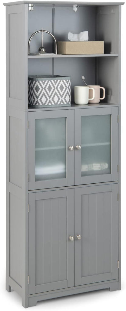 Tangkula Tall Bathroom Storage Cabinet, Freestanding Floor Cabinet w/2 Glass Doors & 2 Open Shelves, 3-Position Adjustable Shelves, Anti-toppling Design, 64” Tall Pantry Cupboard for Kitchen